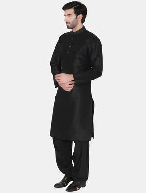 black silk blend solid long kurta - 16701081 - Standard Image - 2