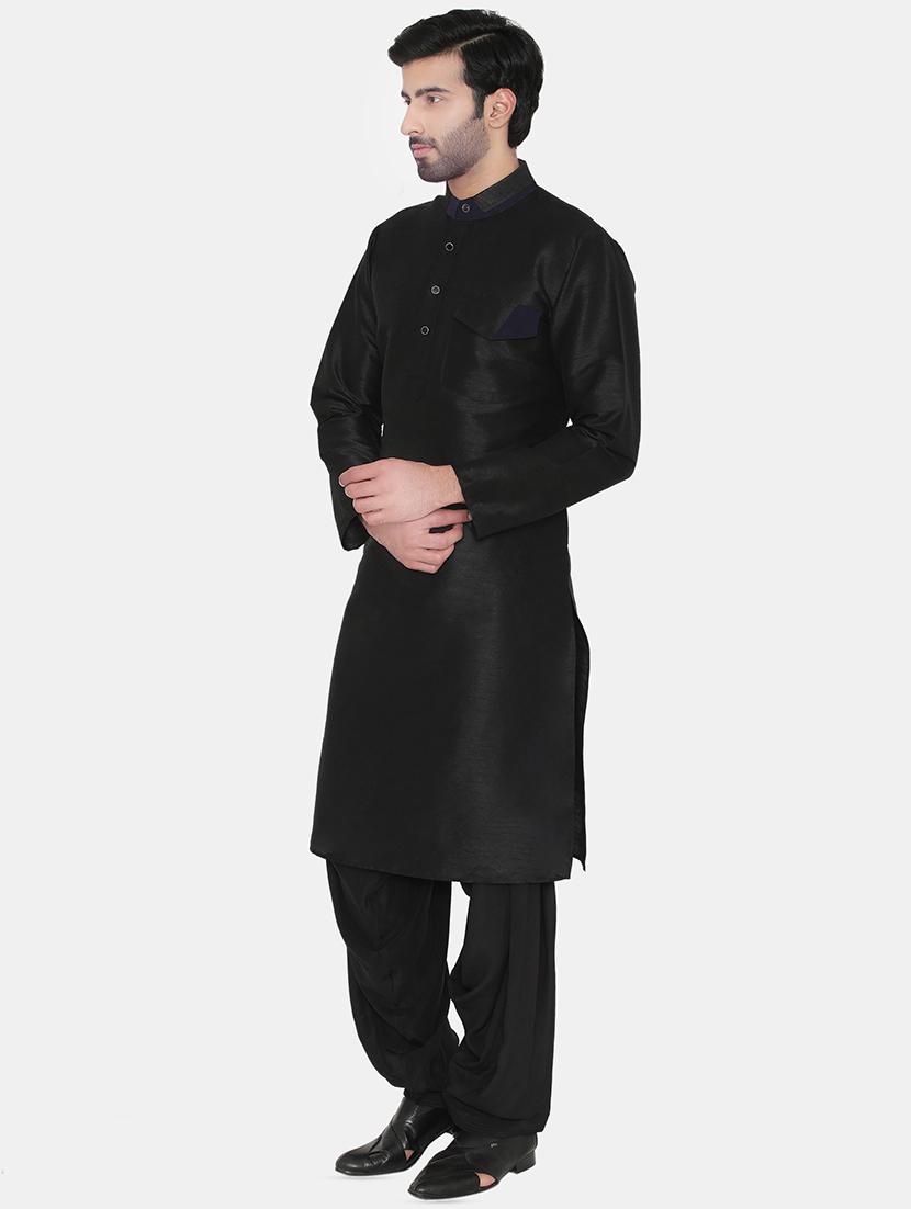 black silk blend solid long kurta - 16701081 - Zoom Image - 2
