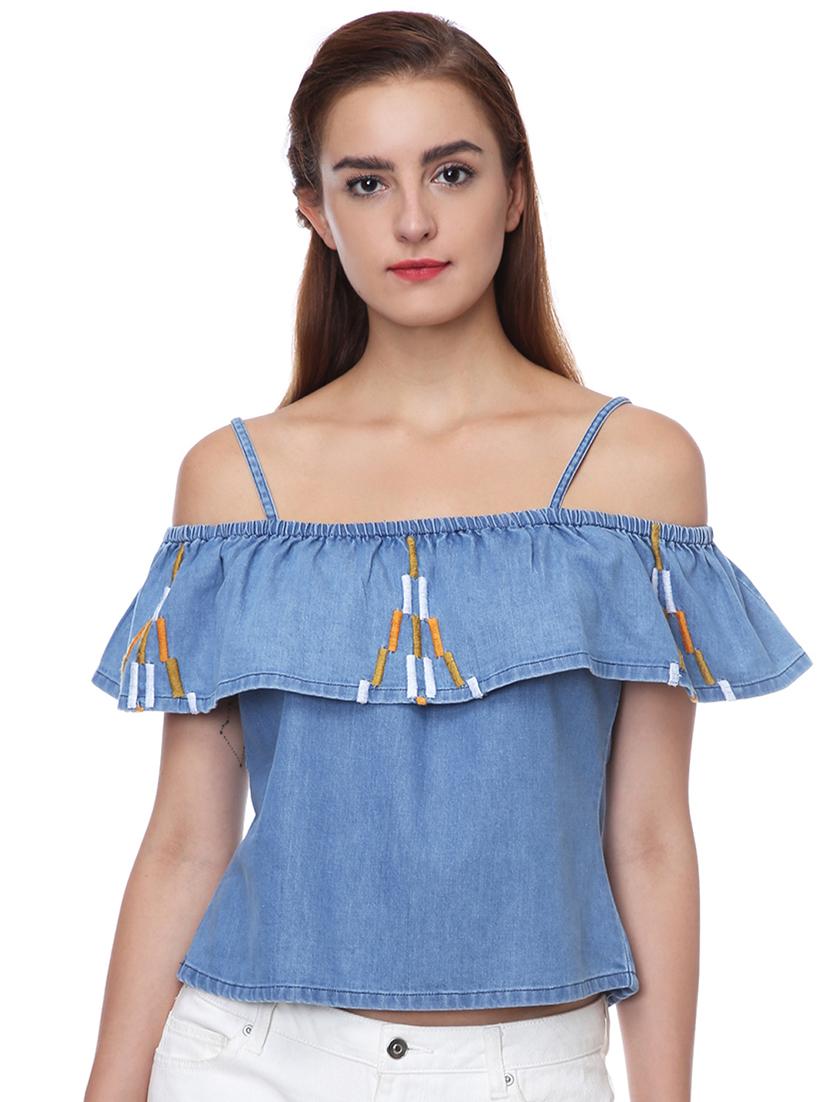 cold shoulder embroidered detail top - 16701153 - Zoom Image - 1