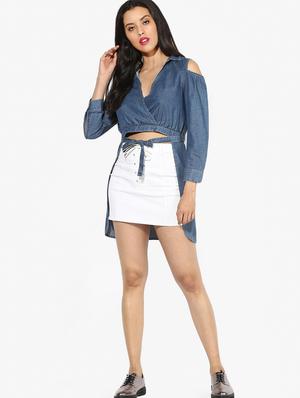 tie front denim high low top - 16701175 - Standard Image - 4