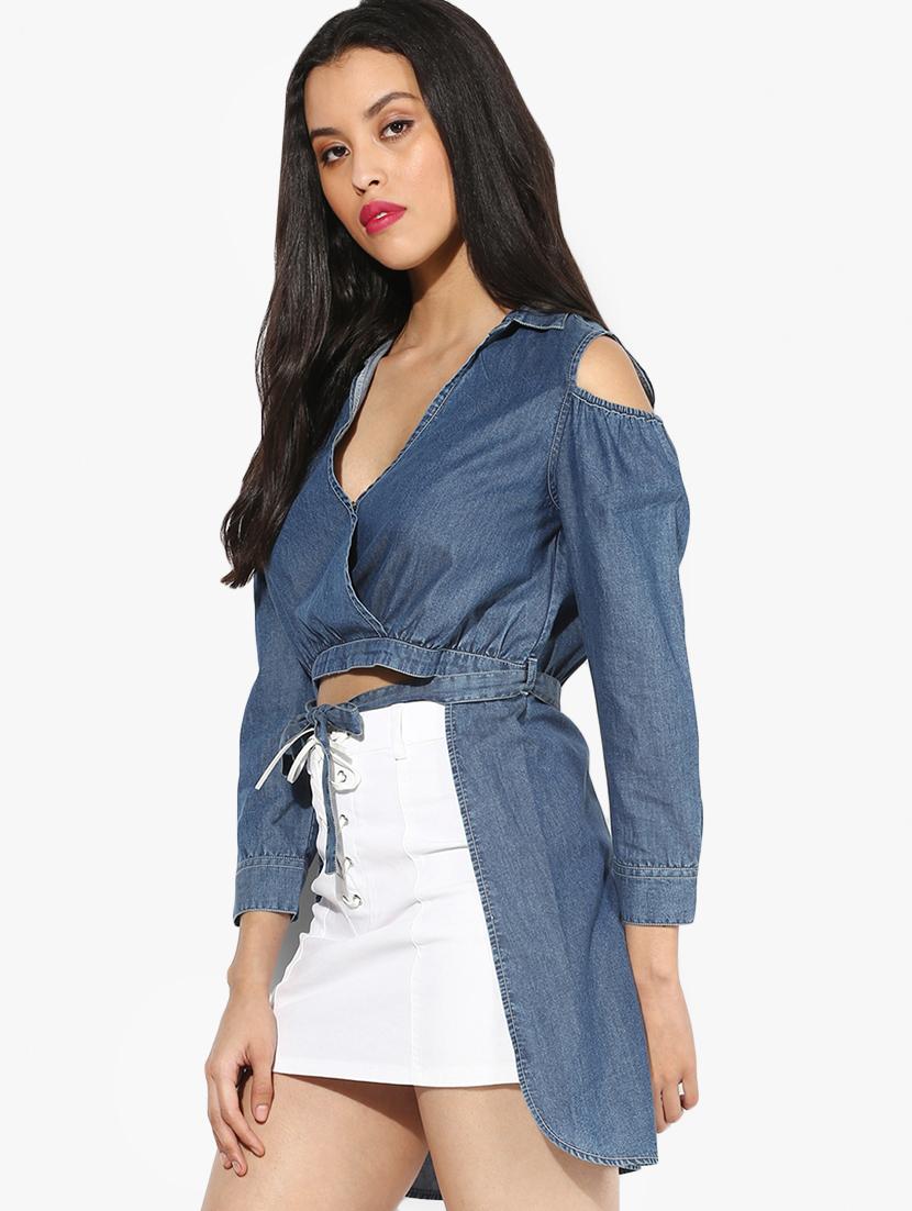 tie front denim high low top - 16701175 - Zoom Image - 2