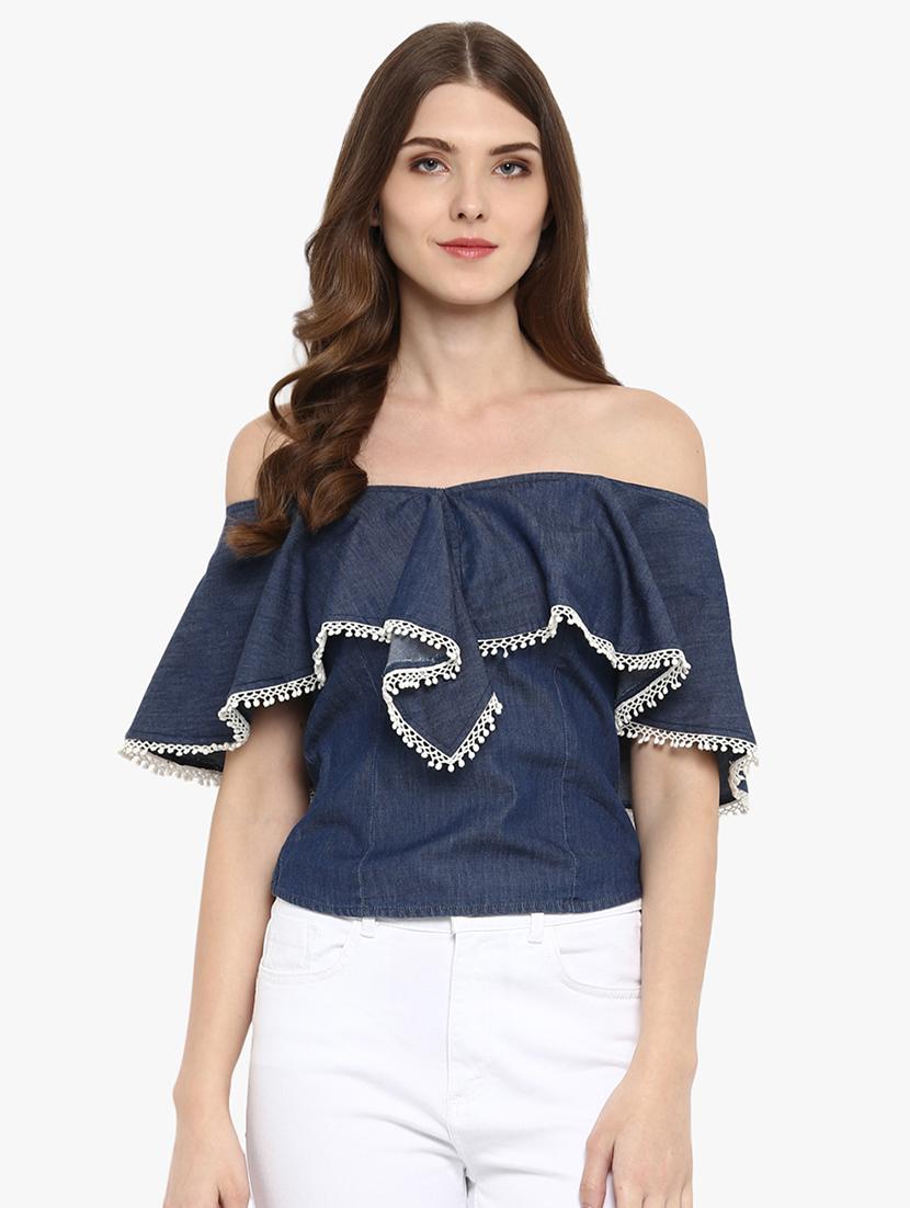 lace detail off shoulder top - 16701331 - Zoom Image - 1