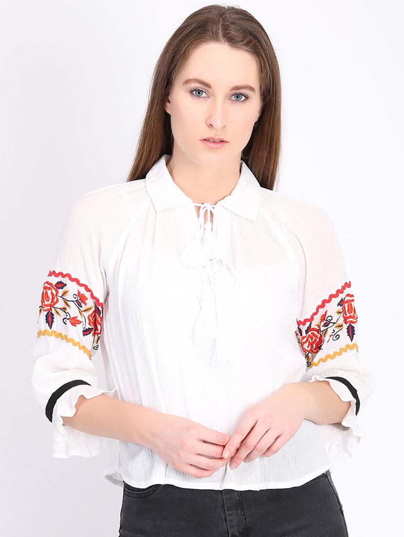 tie up neck embroidered detail top - 16701420 - Zoom Image - 1