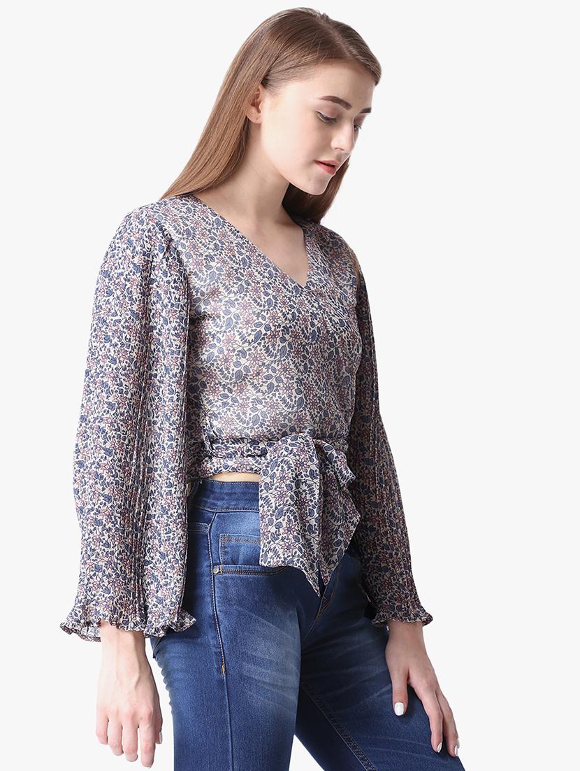 tie knot floral bell sleeved top - 16701488 - Zoom Image - 2