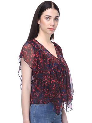 v neck floral ruffle detail top - 16701508 - Standard Image - 2