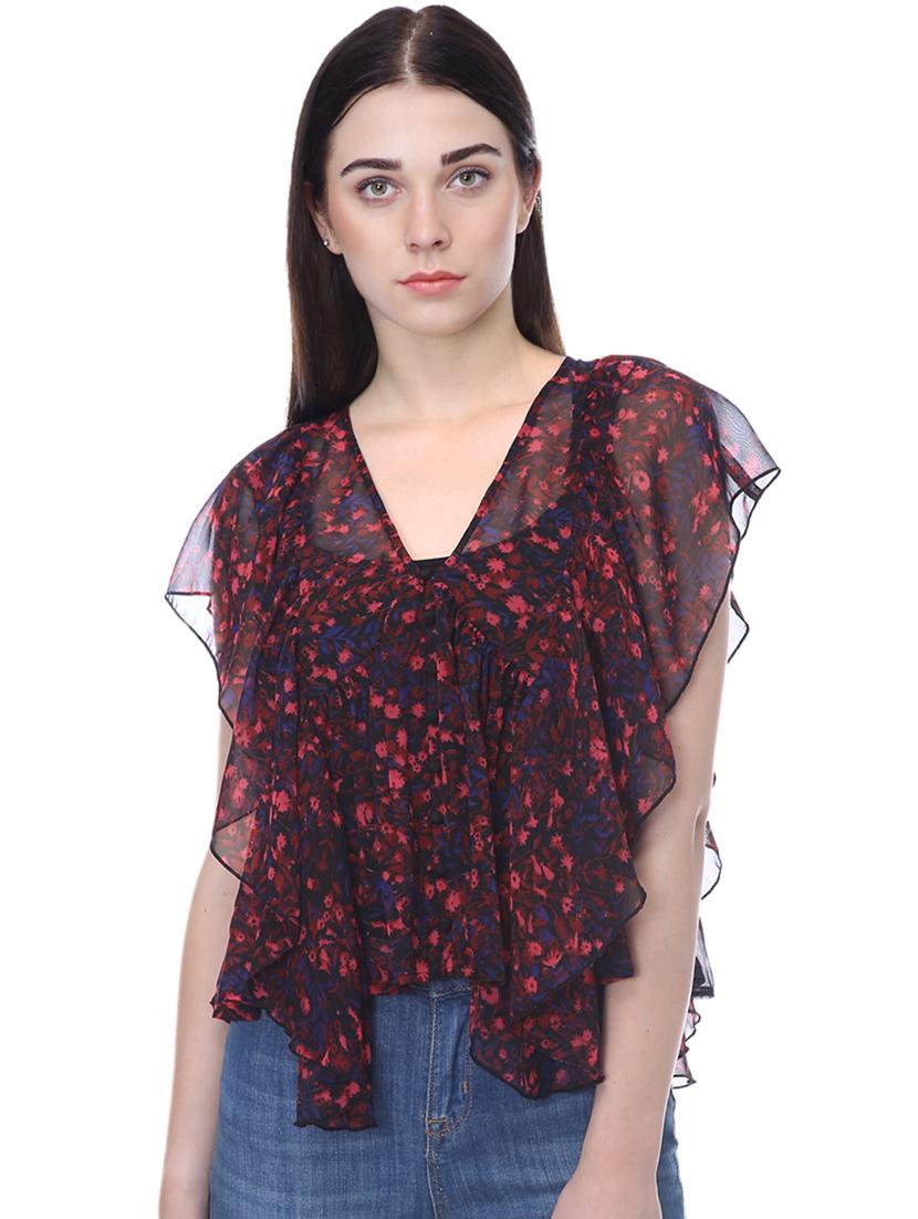 v neck floral ruffle detail top - 16701508 - Zoom Image - 1