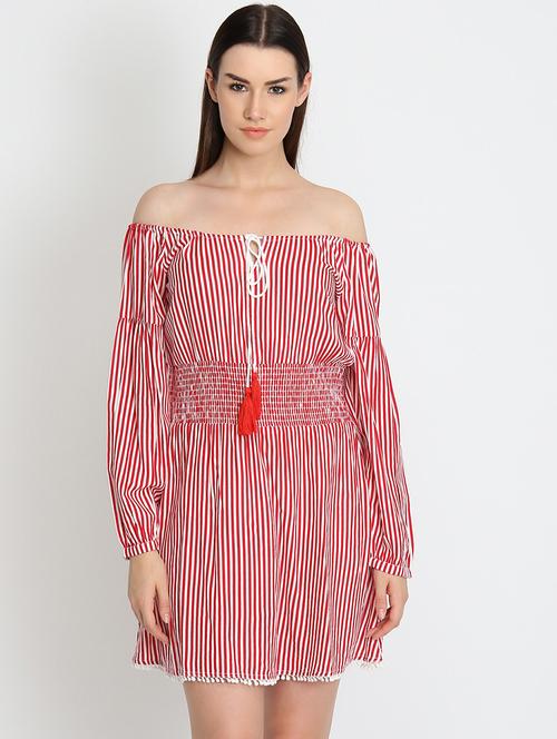 off shoulder striped a-line dress - 16701839 - Standard Image - 1