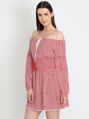 off shoulder striped a-line dress - 16701839 - Standard Image - 2