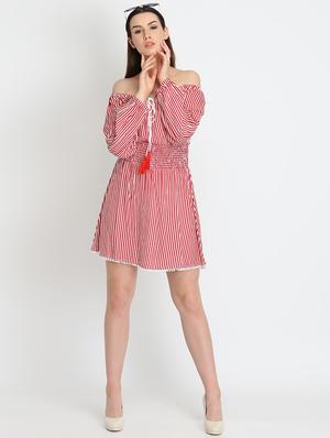 off shoulder striped a-line dress - 16701839 - Standard Image - 4