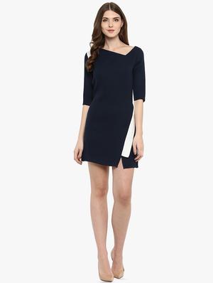 contrast detail asymmetric neck sheath dress - 16701880 - Standard Image - 4