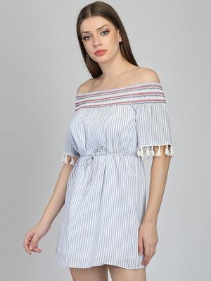 tie front off shoulder a-line dress - 16701948 - Standard Image - 2