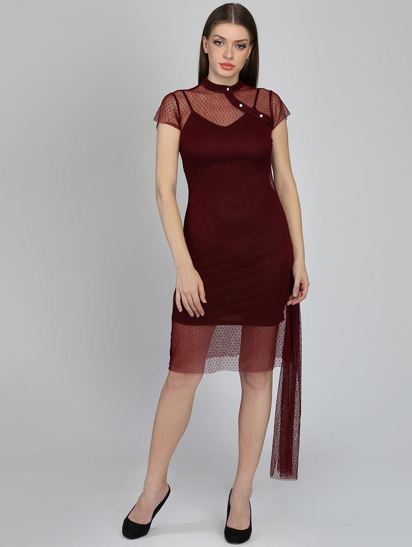 mandarin neck dobby asymmetric bodycon dress - 16701987 - Zoom Image - 1