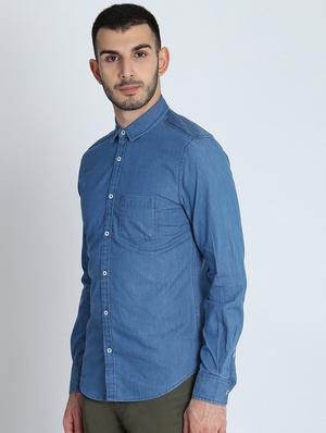 blue solid denim casual shirt - 16702161 - Standard Image - 2