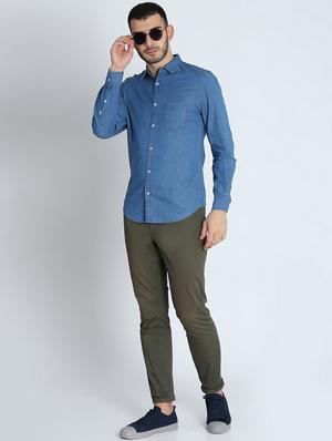 blue solid denim casual shirt - 16702161 - Standard Image - 4