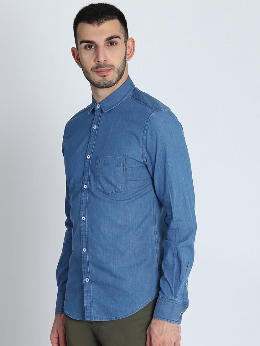 blue solid denim casual shirt - 16702161 - Zoom Image - 2