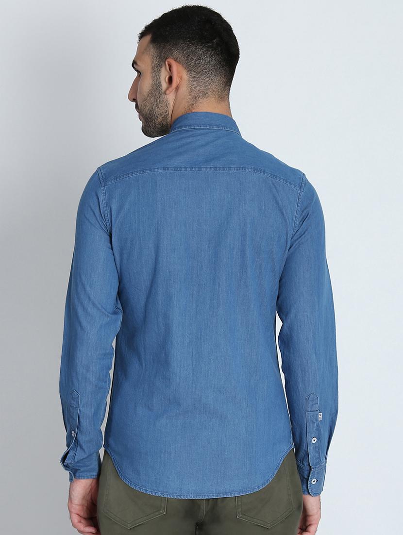 blue solid denim casual shirt - 16702161 - Zoom Image - 3