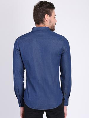 blue solid denim casual shirt - 16702183 - Standard Image - 3