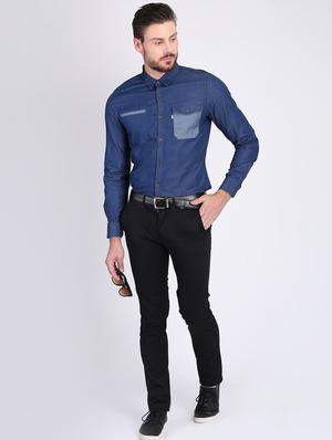 blue solid denim casual shirt - 16702183 - Standard Image - 4