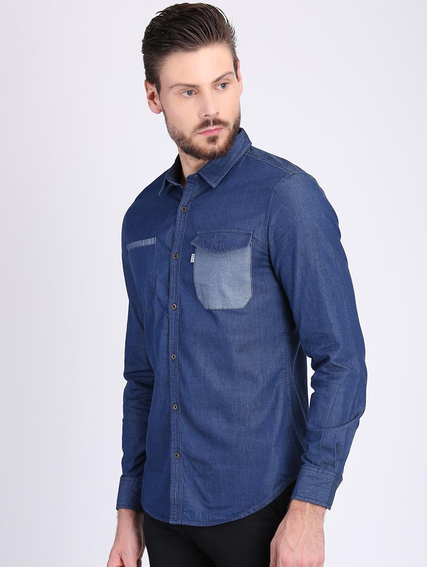 blue solid denim casual shirt - 16702183 - Zoom Image - 2