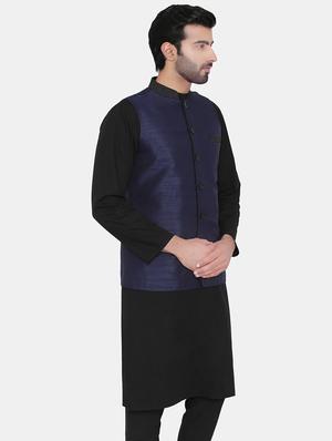 blue silk blend solid nehru jacket - 16702223 - Standard Image - 2