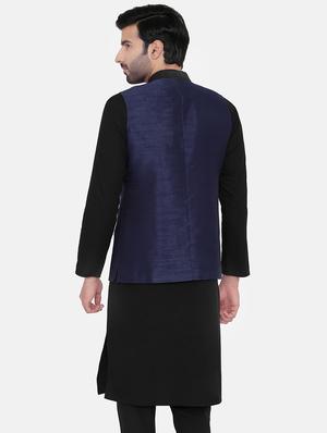 blue silk blend solid nehru jacket - 16702223 - Standard Image - 3