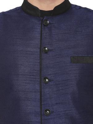blue silk blend solid nehru jacket - 16702223 - Standard Image - 4