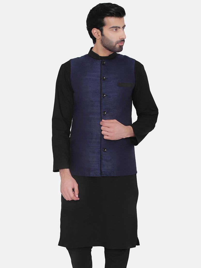 blue silk blend solid nehru jacket - 16702223 - Zoom Image - 1