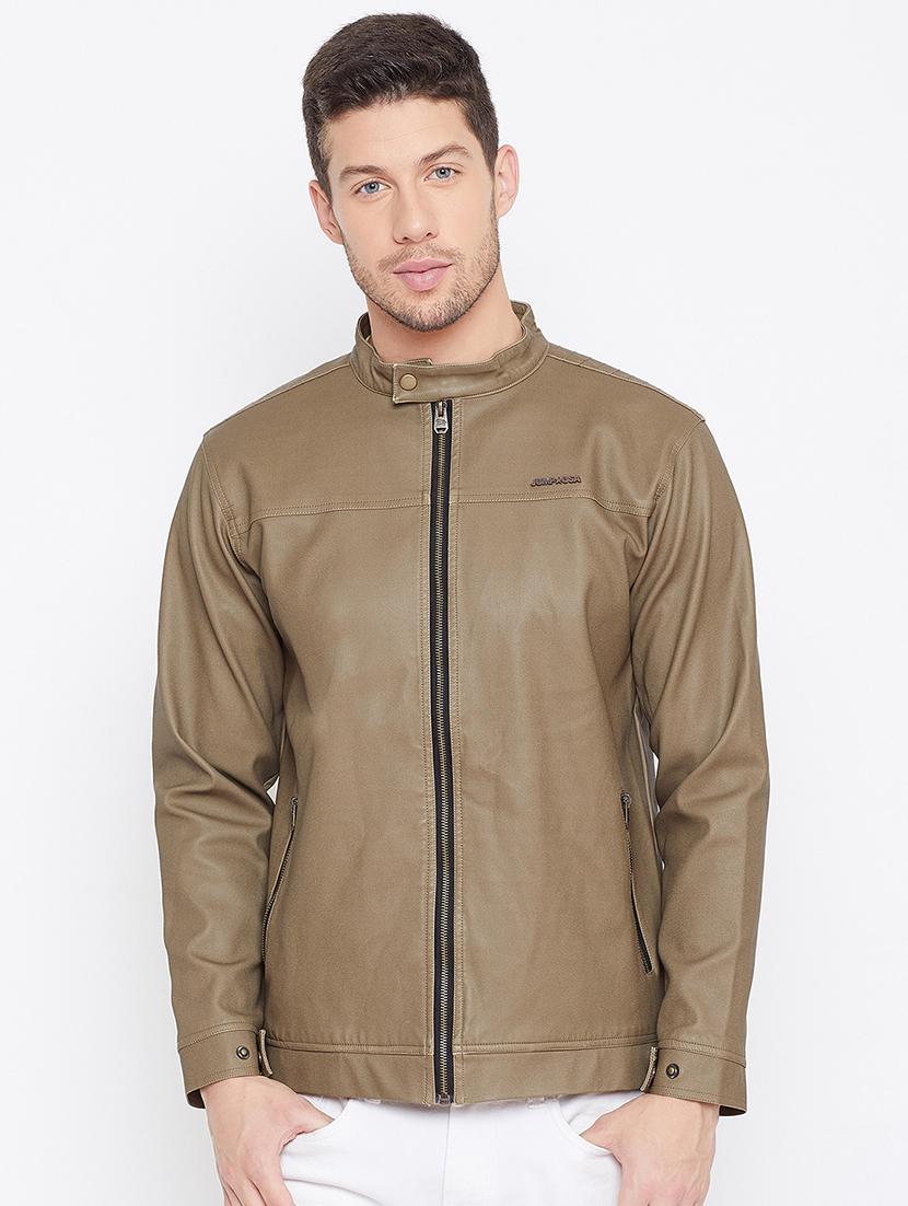 brown solid biker jacket - 16702304 - Zoom Image - 1