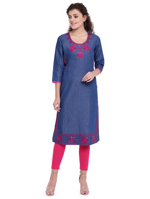 embroidered denim straight kurta - 16702755 - Standard Image - 1