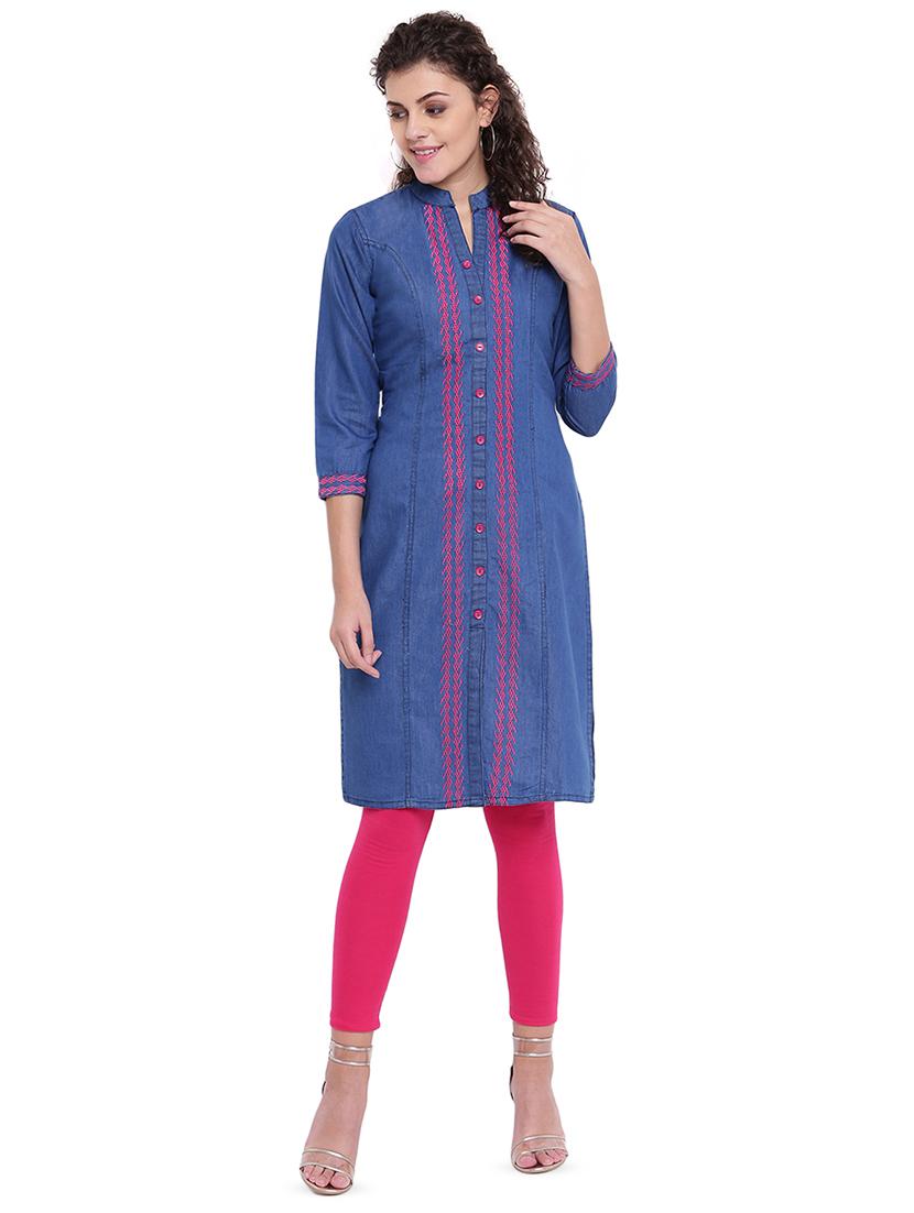 embroidered denim straight kurta - 16702757 - Zoom Image - 1