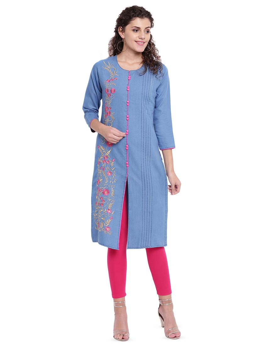 embroidered denim straight kurta - 16702758 - Zoom Image - 1