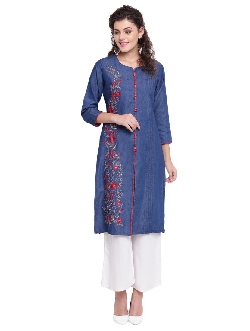 embroidered denim straight kurta - 16702759 - Zoom Image - 1