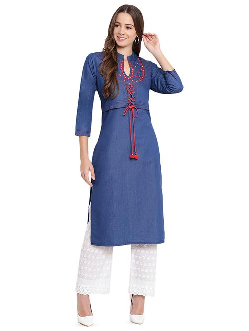 embroidered denim straight kurta - 16702763 - Standard Image - 1