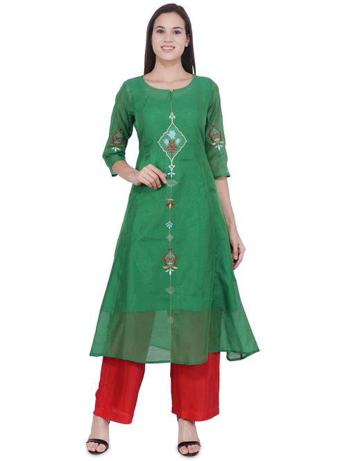 embroidered silk a-line kurta - 16704374 - Standard Image - 1
