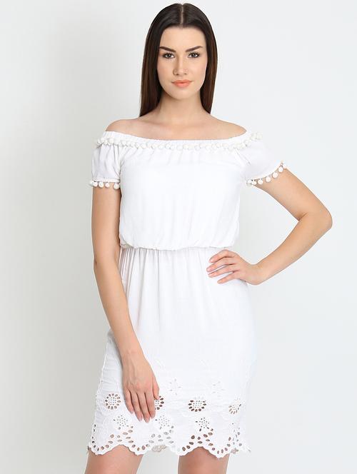off shoulder pom pom laced sheath dress - 16704458 - Standard Image - 1