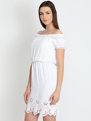 off shoulder pom pom laced sheath dress - 16704458 - Standard Image - 2