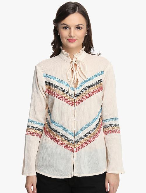 tie up neck embroidered detail shirt - 16704834 - Standard Image - 1