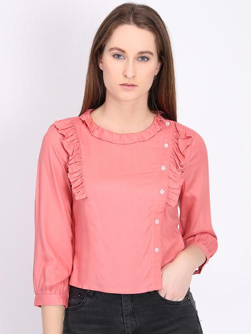 round neck frill detail top - 16704994 - Standard Image - 1