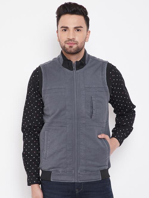 grey solid casual jacket - 16706046 - Standard Image - 1
