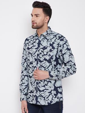 blue printed denim casual shirt - 16706067 - Standard Image - 2