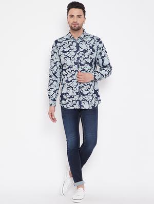 blue printed denim casual shirt - 16706067 - Standard Image - 4