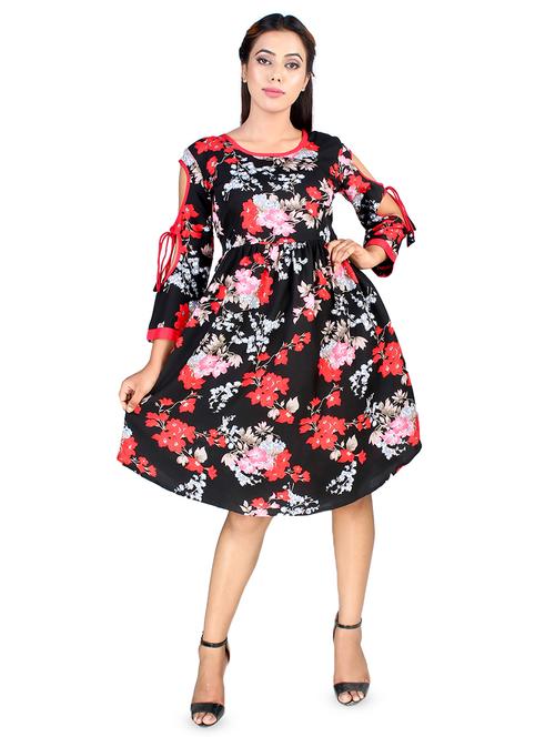 cut out sleeved floral a-line dress - 16708924 - Standard Image - 1