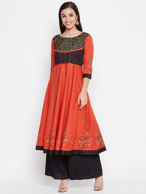 contrast yoke flared kurta - 16710705 - Standard Image - 1