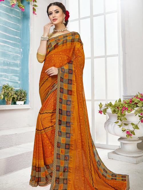 checkered printed saree with blouse - 16711579 - Standard Image - 1