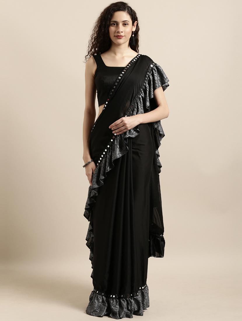 solid fusion ruffled saree with blouse - 16711648 - Zoom Image - 1