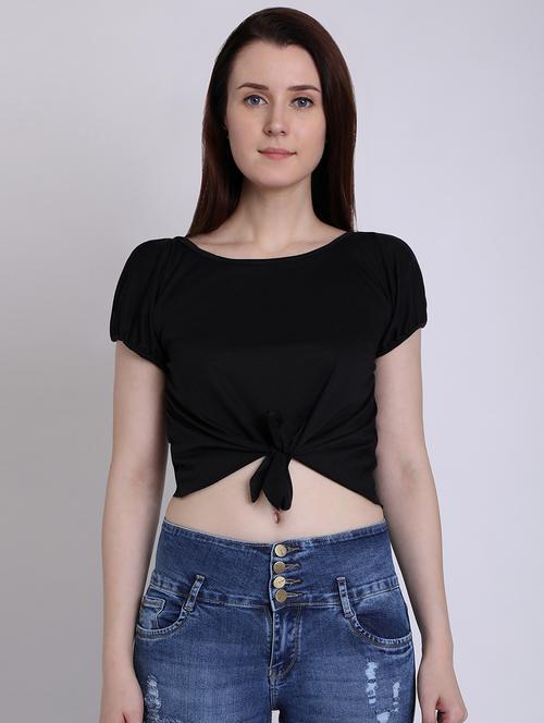 tie knot slit sleeved crop top - 16711931 - Standard Image - 1