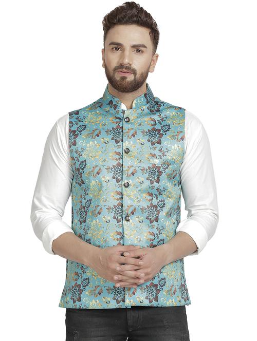 light blue floral printed nehru jacket - 16712152 - Standard Image - 1