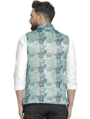 light blue floral printed nehru jacket - 16712152 - Standard Image - 3