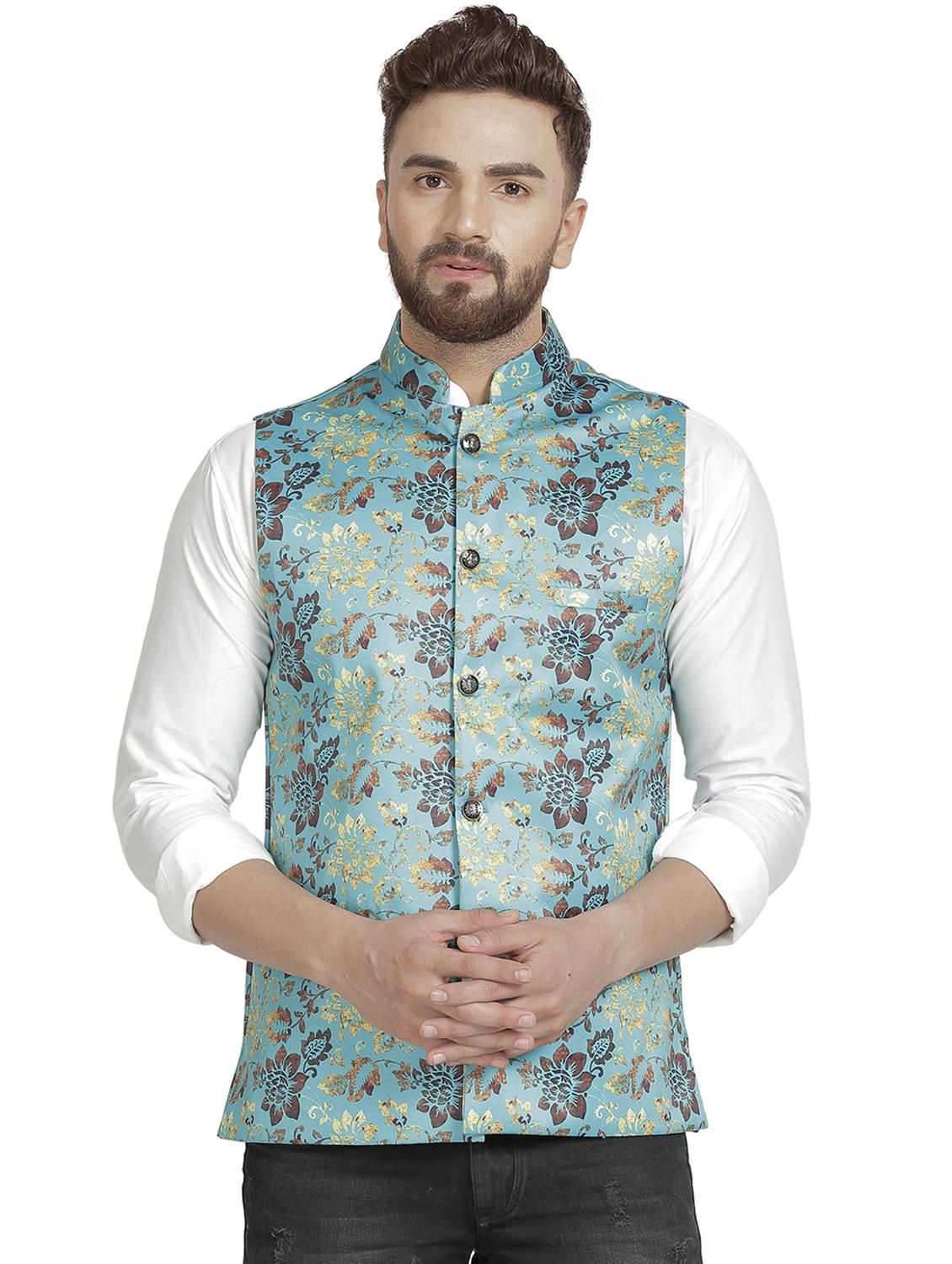 light blue floral printed nehru jacket - 16712152 - Zoom Image - 1
