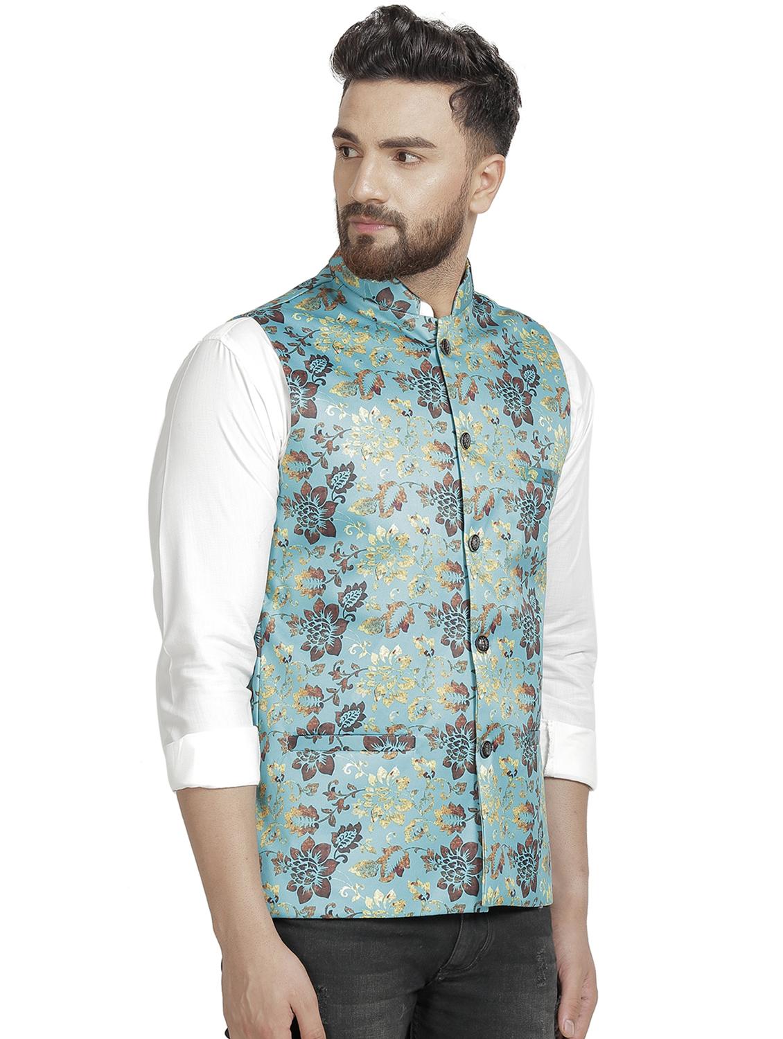 light blue floral printed nehru jacket - 16712152 - Zoom Image - 2